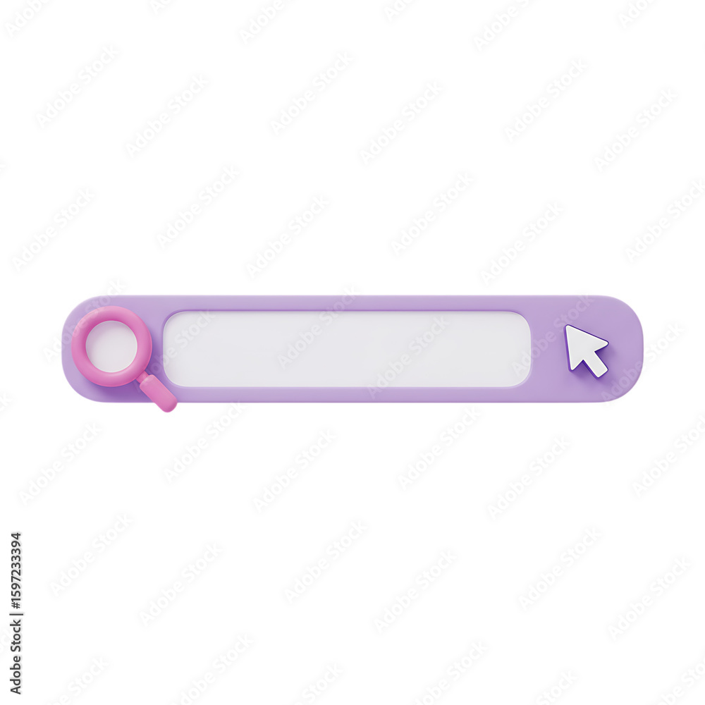 Poster 3d rendering of a modern purple search bar with a magnifying glass and cursor isolated on transparen