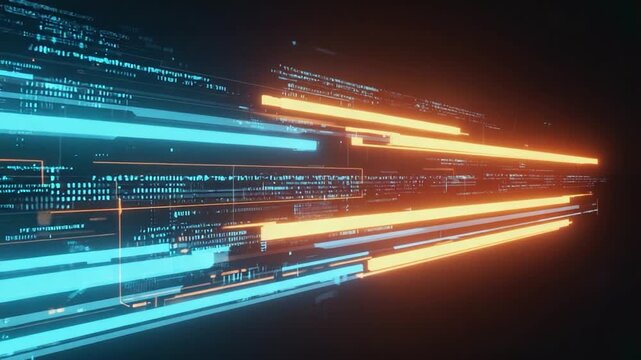 Abstract digital interface with glowing lines and code