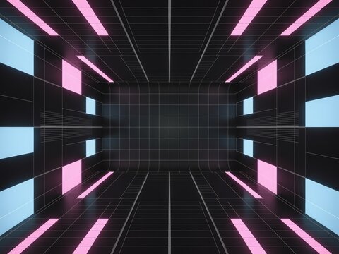 Futuristic Grid Room With Pink And Blue Lights interior - Powered by Adobe