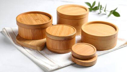 Group of Bamboo Containers with Lids on White Cloth and Surface