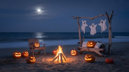 Spooky halloween beach bonfire with glowing jack o lanterns and ghost decorations under a full moon