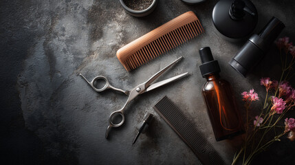 Still life of hair styling tools on a dark textured surface with flowers