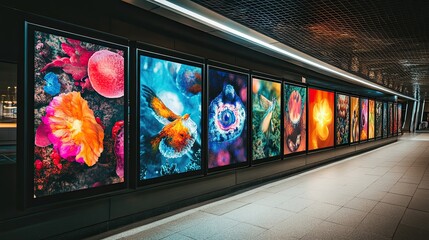 Colorful display of digital art installations in an underground passageway.