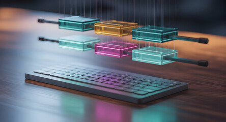 Colorful transparent blocks hovering above keyboard