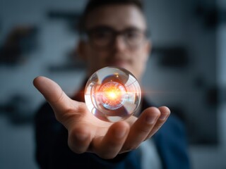 Glowing orb held in open palm futuristic technology