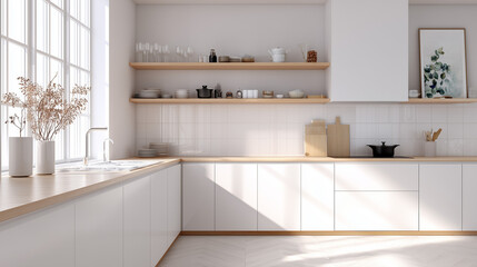 Airy white minimalist kitchen with wooden countertops and shelves
