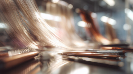Close up of blonde hair with hairbrushes and combs on a reflective surface