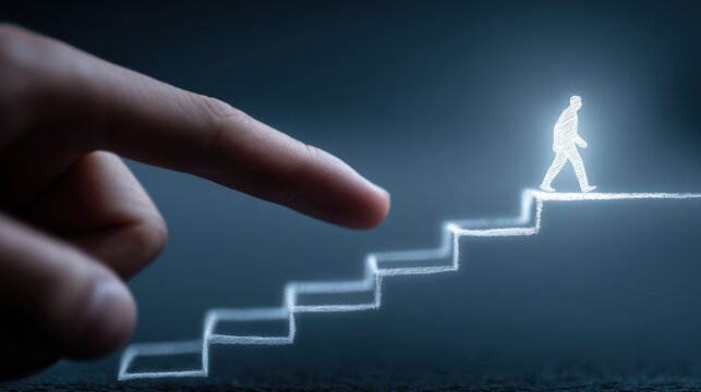 The Guiding Path: A symbolic and evocative image of a hand pointing the way for a person climbing a stairway of glowing steps, evoking themes of mentorship, support and aspiration - Powered by Adobe