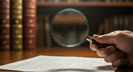Hand Holding Magnifying Glass Over Document on Wooden Desk with Book Stacks