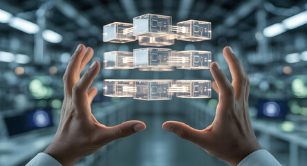 Hand interacting with transparent data boxes