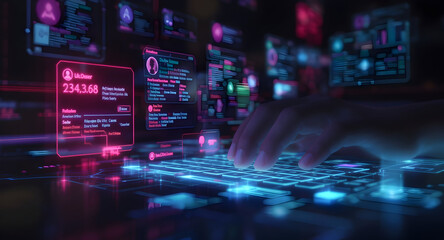 Hands typing on futuristic glowing keyboard