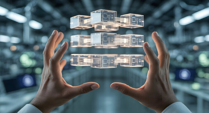 Hand interacting with transparent data boxes
