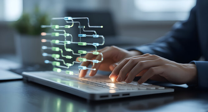 Hands typing on laptop with projected network diagram