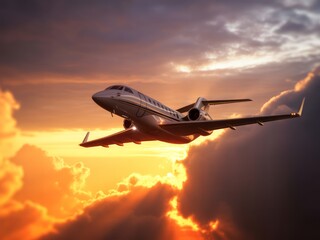 Private jet soaring through dramatic sunset clouds