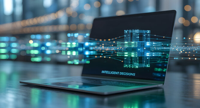 Laptop computer displaying intelligent decisions graphic