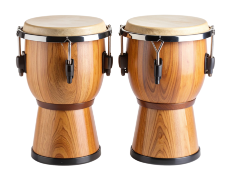 Pair of Traditional Wooden Bongo Drums with Natural Skin Heads, Front View, Isolated