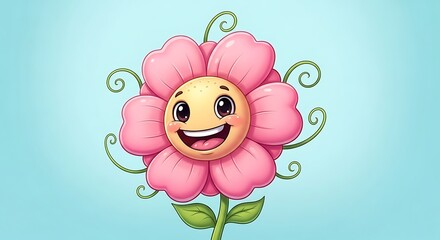Happy cartoon flower, pink petals, cheerful expression, whimsical style, light blue background, spring theme, children's illustration.