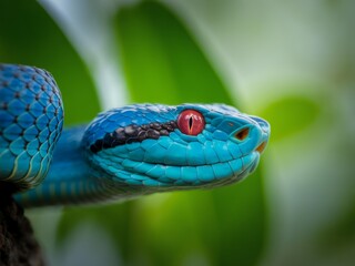 Obraz premium Vibrant blue viper with striking red eye snake reptile