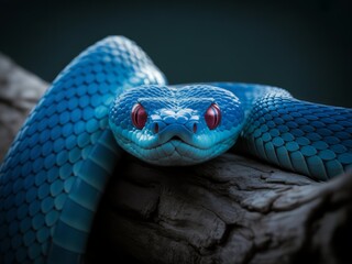 Fototapeta premium Vibrant blue viper with striking red eyes coiled reptile