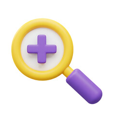 Fototapeta premium Stylized 3d magnifying glass with a purple plus sign inside isolated on transparent background