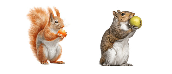 Obraz premium Cute Squirrel with Nut and Gray Squirrel Holding Green Fruit