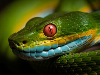 Fototapeta premium Vivid green viper with striking red eye snake reptile