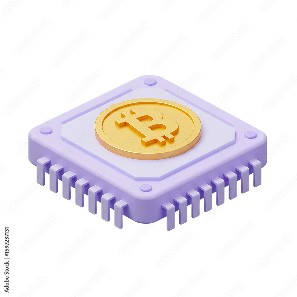 Poster 3d rendering of a purple computer processor chip with a golden bitcoin symbol on top isolated on tra