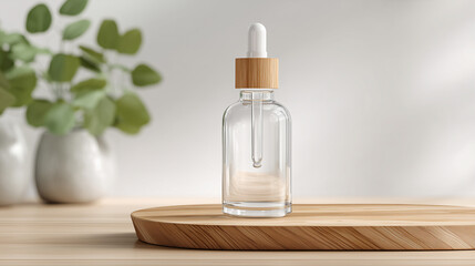 Clear glass dropper bottle with bamboo lid on wooden display