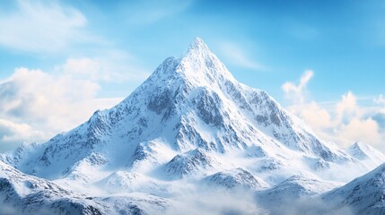 Obraz premium Snowy Mountain Peak Under a Blue Sky with Clouds, Winter Landscape