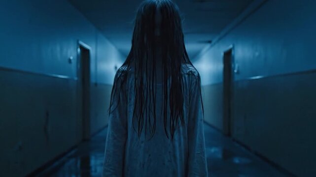 Girl in little white sundress creepily staring into camera, dressed for halloween. Child's ghost in haunted house - halloween costume party 4k footage. halloween concept.
