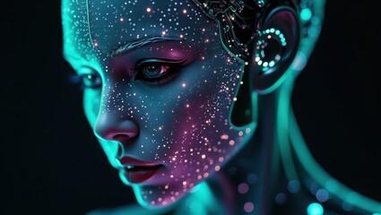 Close-up of a digital AI face with neon green and purple light accents, demonstrating the advanced neural networks and processing power in a cybernetic environment	