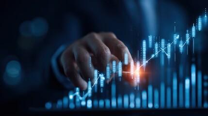 Financial Growth: A close-up of a hand tracing a rising graph representing financial growth, success and opportunity, reflecting the dynamism and potential in financial markets.