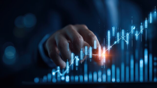 Financial Growth: A close-up of a hand tracing a rising graph representing financial growth, success and opportunity, reflecting the dynamism and potential in financial markets.