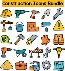 Set of Colorful construction icons. Doodle style icon vector bundle.eps
