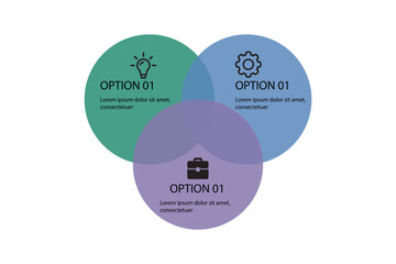 Venn diagram infographic chart template for business 3 options presentation with icon elements vector illustration.