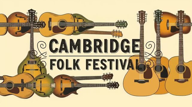 Animated Cambridge Folk Festival Logo with Vintage Acoustic Instrument Border Design