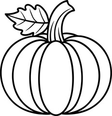 Simple Pumpkin Illustration Featuring a Leaf and Grooved Stem in Black and White Ideal for Fall or Halloween Themes