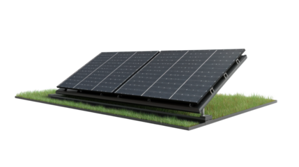 A solar panel positioned on grassy ground designed on white background 