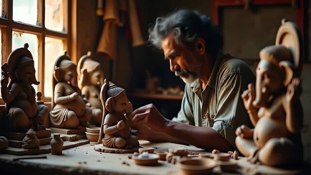 A sculptor handcrafting a clay Ganesh idol in a traditional workshop, surrounded by tools, colors, and unfinished statues. Focus on culture and craftsmanship.

