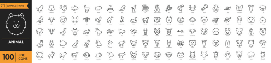 Animals icon set. Containing Cat, Dog, Rabbit, Hamster, Goat, Pig, Horse, Cow, Duck, Chicken, Owl,  Fox, Wolf, Bear, Monkey, Lion, Elephant, Tiger, and more. Editable stroke. Vector illustration