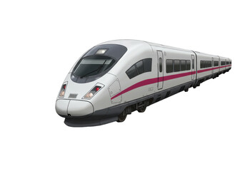 High-speed train gliding through a scenic landscape with vibrant greenery and distant hills