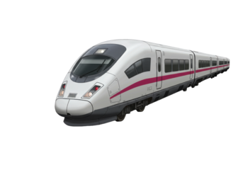 High-speed train gliding through a scenic landscape with vibrant greenery and distant hills