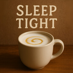 A cup of frothy latte with sleep tight text evokes a feeling of warmth and relaxation