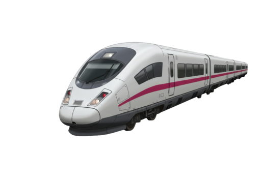 High-speed train gliding through a scenic landscape with vibrant greenery and distant hills