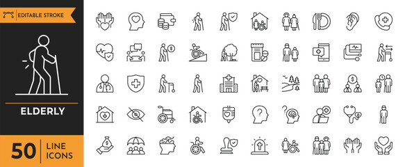 Elderly icons set. Containing retirement, old, pension, senior, grandparents, wheelchair, alzheimer, caregiver,  and more. Editable stroke. Vector illustration.