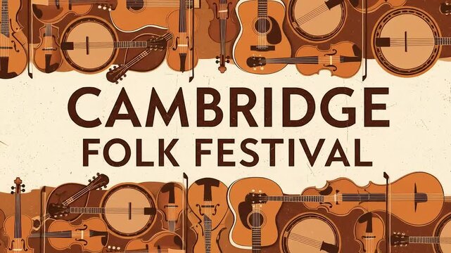 Animated Cambridge Folk Festival Title Design with Vintage Folk Instrument Background and Borders