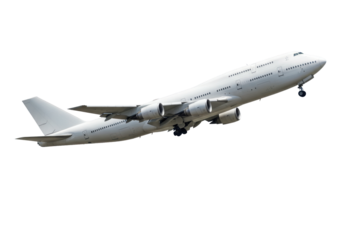Large commercial airplane taking off against a clear blue sky with distant clouds