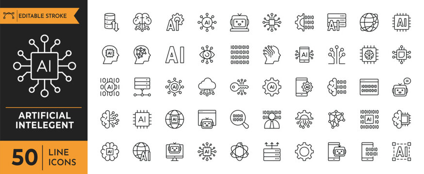 Artificial Intelligence Icons set. Containing Pattern Recognition, Machine Learning, Internet Of Things, Algorithm, Neural Network and more. Editable stroke. Vector illustration.