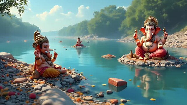 Realistic illustration showing water pollution caused by immersion of Ganesh idols—broken plaster statues, paint residue, and flower waste floating in a polluted river after Ganesh Chaturthi 