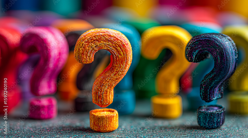 Fototapete colorful question mark displayed in a close-up view. other colorful question marks on a blurred back